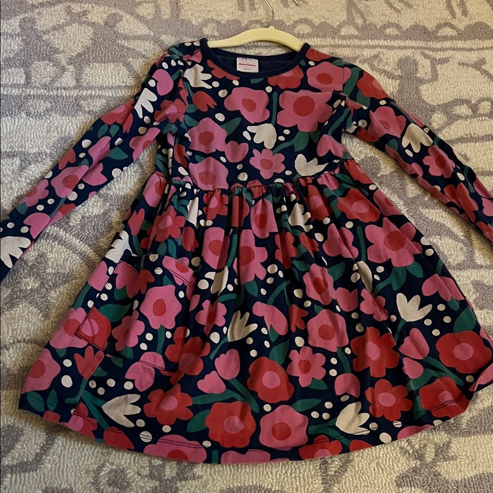 Hanna Andersson Navy Floral Long Sleeve Twirl Dress with Pink & Red Blooms